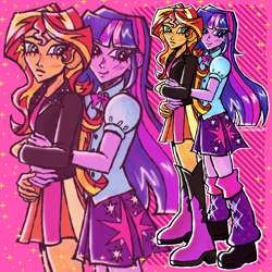 Size: 2000x2000 | Tagged: safe, artist:redactedhaunt, sunset shimmer, twilight sparkle, human, equestria girls, g4, blush lines, blushing, duo, female, hug, hug from behind, lesbian, ship:sunsetsparkle, shipping