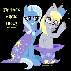 Size: 2000x2000 | Tagged: safe, artist:redactedhaunt, derpy hooves, trixie, pegasus, pony, unicorn, g4, black background, blonde, blonde hair, blonde mane, blue body, blue coat, blue fur, blue pony, bunny out of the hat, cape, clothes, duo, duo female, female, gray body, gray coat, gray fur, gray pony, gray wings, grey body, grey fur, grey pony, grey wings, hat, horn, lavender eyes, light blue hair, light blue mane, light blue tail, lineless, magic trick, mare, simple background, sitting, trixie's cape, trixie's hat, waving, yellow eyes, yellow hair, yellow mane