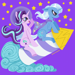 Size: 2000x2000 | Tagged: safe, artist:redactedhaunt, starlight glimmer, trixie, pony, unicorn, g4, cape, clothes, duo, duo female, female, hat, high res, horn, lesbian, mare, open mouth, open smile, purple background, rocket, ship:startrix, shipping, signature, simple background, sitting, smiling, toy interpretation, trixie's cape, trixie's hat, trixie's rocket