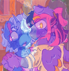 Size: 1390x1437 | Tagged: safe, artist:tottallytoby, trixie, twilight sparkle, alicorn, pony, unicorn, g4, after kiss, alternate color palette, alternate design, alternate eye color, alternate hair color, alternate hairstyle, arm fluff, back fluff, blue coat, blue mane, blushing, caught, cheek fluff, chest fluff, clothes, colored eyebrows, colored horn, colored pinnae, curved horn, detailed background, duo, duo female, ear fluff, eye clipping through hair, eyebrows, eyebrows visible through hair, eyelashes, female, height difference, holding hands, horn, horn cap, kiss mark, lesbian, lipstick, looking at you, looking away, looking back, looking back at you, mare, neck fluff, open mouth, ponytail, purple blush, purple coat, purple eyes, ship:twixie, shipping, short mane, shoulder fluff, shoulderless, shoulderless shirt, small wings, spread wings, tail, tail fluff, tied mane, twilight sparkle (alicorn), two toned mane, wall of tags, wingding eyes, wings, yellow eyes