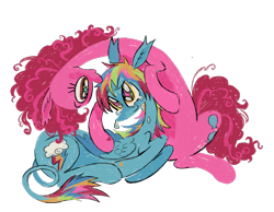 Size: 1840x1430 | Tagged: safe, artist:webkinzworldz, pinkie pie, rainbow dash, earth pony, pegasus, pony, g4, alternate eye color, alternate hair color, alternate tail color, alternate tailstyle, blue coat, colored pinnae, colored wings, colored wingtips, countershading, crying, curly mane, curly tail, duo, duo female, ear fluff, ear tufts, eyelashes, female, folded wings, leonine tail, long legs, long neck, looking at each other, looking at someone, lying down, mare, multicolored eyes, multicolored hair, multicolored mane, multicolored tail, not shipping, pink coat, pink mane, pink tail, rainbow hair, rainbow tail, simple background, sitting, smiling, smiling at each other, starry eyes, tail, thin, transparent background, two toned mane, two toned tail, two toned wings, wingding eyes, wings