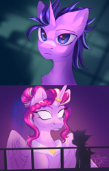Size: 2607x4096 | Tagged: safe, artist:jsunlight, princess cadance, shining armor, alicorn, pony, unicorn, g4, alternate hairstyle, bandaid, bandaid on nose, blade runner 2049, blank eyes, chest fluff, crossing the memes, female, high res, horn, horn ring, male, mare, meme, ring, ship:shiningcadance, shipping, size difference, smiling, stallion, straight, the bride and the ugly ass groom, toy interpretation, wings, you look lonely
