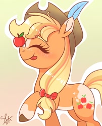 Size: 965x1194 | Tagged: safe, artist:galaxy swirl, applejack, earth pony, pony, g4, :p, apple, balancing, coat markings, cowboy hat, cute, eyes closed, feather, female, food, freckles, gradient background, hairband, hat, implied appledash, implied lesbian, implied shipping, jackabetes, mare, ponies balancing stuff on their nose, raised hoof, smiling, solo, stetson, tongue out
