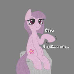 Size: 1020x1020 | Tagged: safe, artist:castafae, oc, oc only, oc:rosie rock, earth pony, bootleg, dialogue, female, gray background, lidded eyes, mare, simple background, sitting, solo, waving