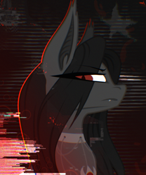 Size: 2500x3000 | Tagged: safe, artist:darky_wings, oc, oc only, bat pony, pony, angry, collar, commission, fangs, female, glitch art, looking back, simple background
