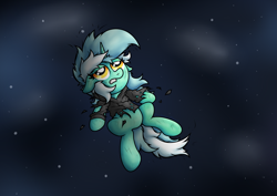 Size: 3991x2820 | Tagged: safe, artist:background basset, lyra heartstrings, pony, unicorn, g4, bruised, clothes, dig the swell hoodie, edgy, floating, hoodie, horn, lidded eyes, sad, solo, space, torn clothes