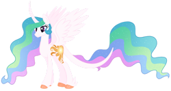 Size: 1280x683 | Tagged: safe, artist:monochrome-sunsets, princess celestia, alicorn, pony, g4, alternate design, curved horn, horn, leonine tail, simple background, solo, tail, transparent background