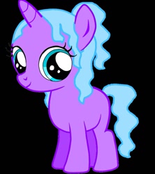 Size: 841x949 | Tagged: safe, artist:katiegirlsforever, oc, oc only, oc:jewelie, pony, unicorn, g4, black background, blue eyes, blue hair, blue mane, blue tail, cute, female, filly, foal, horn, ocbetes, purple coat, simple background, smiling, solo, tail, unicorn oc