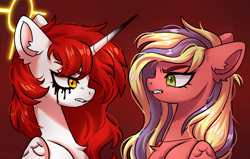 Size: 4950x3140 | Tagged: safe, artist:konejo, oc, oc only, oc:dersha, oc:sindy silence, alicorn, pegasus, pony, alicorn oc, bust, duo, frown, horn, makeup, running makeup, teary eyes, wings