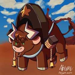 Size: 2048x2048 | Tagged: safe, texas (tfh), bull, them's fightin' herds, 2022, bell, chibi, cloven hooves, community related, cute, dated, harness, male, signature, solo