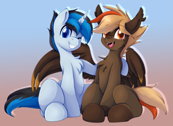 Size: 3127x2288 | Tagged: safe, artist:pearlyiridescence, oc, oc only, oc:longshot, oc:solar gizmo, pegasus, pony, unicorn, chest fluff, duo, ear fluff, fangs, gradient background, horn, hug, male, one eye closed, open mouth, sitting, smiling, stallion, winghug, wings, wink