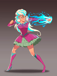 Size: 3500x4642 | Tagged: safe, alternate version, artist:伟 沈, opaline arcana, human, g5, action pose, blue fire, clothes, colored, eyeshadow, female, fire, fist, gradient background, humanized, lidded eyes, light skin, makeup, skirt, slender, smiling, solo, thin
