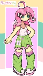 Size: 1080x1920 | Tagged: safe, artist:rubytwinklemoon, fluttershy, human, equestria girls, g4, :3, boots, clothes, eye clipping through hair, eyebrows, eyeshadow, female, hairpin, high heel boots, makeup, pigeon toed, shoes, simple background, smiling, socks, solo, tank top, text, watermark