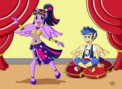 Size: 2598x1890 | Tagged: safe, artist:wildgirl91, flash sentry, twilight sparkle, alicorn, pegasus, anthro, plantigrade anthro, g4, anklet, belly button, belly dance, belly dancer, belly dancer outfit, belly jewel, belt, bra, bracelet, breasts, clothes, commission, crossed legs, curtains, cushion, cutie mark on clothes, dancing, duo, eyebrows, eyebrows visible through hair, female, gem, harem outfit, headdress, high res, jewelry, loincloth, male, necklace, open mouth, open smile, ponytail, sandals, ship:flashlight, shipping, shirt, shorts, signature, sitting, smiling, straight, twilight sparkle (alicorn), underwear, vest