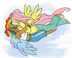 Size: 550x445 | Tagged: artist needed, source needed, safe, fluttershy, rainbow dash, human, g4, female, hug, humanized, kissing, lesbian, ship:flutterdash, shipping, signature, wings
