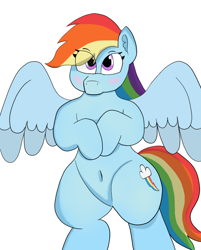 Size: 616x767 | Tagged: safe, artist:theonlyone, rainbow dash, pegasus, pony, g4, belly button, bipedal, blushing, ear fluff, eye clipping through hair, female, lineart, shading, simple background, solo, spread wings, thighs, thunder thighs, white background, wings, wip