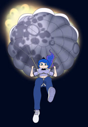 Size: 1900x2729 | Tagged: safe, artist:phallen1, princess luna, human, g4, clothes, eclipse, female, from below, humanized, jumpsuit, parachute, pink floyd, pun, skydiver, skydiving, solar eclipse, solo, sun, the dark side of the moon, visual pun