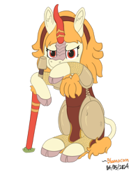 Size: 988x1250 | Tagged: safe, artist:bloonacorn, oc, oc only, oc:gloria graces, kirin, cloven hooves, kirin oc, lance, simple background, solo, transparent background, weapon