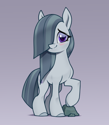 Size: 2200x2525 | Tagged: safe, artist:aquaticvibes, marble pie, earth pony, pony, g4, blushing, cute, female, gradient background, hair over one eye, looking at you, marblebetes, mare, raised hoof, rock, smiling, smiling at you, solo
