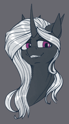 Size: 500x900 | Tagged: safe, artist:stray prey, oc, oc only, oc:sinfonie, pony, curved horn, gray background, horn, horns, longmoran, simple background, solo