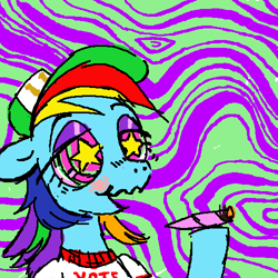 Size: 500x500 | Tagged: safe, artist:wizardlyfodder, rainbow dash, pony, g4, blushing, clothes, drug use, drugs, female, hat, high, joint, mare, marijuana, psychedelic, shirt, solo, starry eyes, trippy, wingding eyes