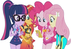 Size: 3640x2520 | Tagged: safe, edit, edited screencap, editor:homersimpson1983, screencap, fluttershy, pinkie pie, sci-twi, sunset shimmer, twilight sparkle, human, equestria girls, g4, background removed, belly button, bikini, clothes, cute, diapinkes, female, not a vector, sarong, sci-twiabetes, shimmerbetes, shyabetes, simple background, swimsuit, transparent background