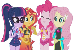 Size: 3638x2520 | Tagged: safe, edit, edited screencap, editor:homersimpson1983, screencap, fluttershy, pinkie pie, sci-twi, sunset shimmer, twilight sparkle, human, equestria girls, g4, background removed, belly button, bikini, clothes, cute, diapinkes, female, not a vector, sarong, sci-twiabetes, shimmerbetes, shyabetes, simple background, swimsuit, transparent background