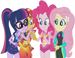 Size: 3244x2520 | Tagged: safe, edit, edited screencap, editor:homersimpson1983, screencap, fluttershy, pinkie pie, sci-twi, sunset shimmer, twilight sparkle, human, equestria girls, equestria girls series, g4, unsolved selfie mysteries, spoiler:eqg series (season 2), background removed, belly button, bikini, clothes, cute, diapinkes, female, not a vector, pinkie pie swimsuit, sarong, sci-twi swimsuit, sci-twiabetes, shimmerbetes, shyabetes, simple background, sunset shimmer swimsuit, swimsuit, transparent background