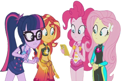 Size: 3740x2520 | Tagged: safe, edit, edited screencap, editor:homersimpson1983, screencap, fluttershy, pinkie pie, sci-twi, sunset shimmer, twilight sparkle, human, equestria girls, g4, background removed, belly button, bikini, cellphone, clothes, cute, diapinkes, not a vector, phone, sarong, sci-twiabetes, shimmerbetes, shyabetes, simple background, smartphone, swimsuit, transparent background