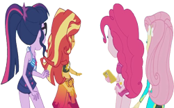 Size: 4047x2520 | Tagged: safe, edit, edited screencap, editor:homersimpson1983, screencap, fluttershy, pinkie pie, sci-twi, sunset shimmer, twilight sparkle, human, equestria girls, g4, background removed, cellphone, clothes, female, not a vector, phone, simple background, smartphone, swimsuit, transparent background