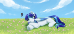 Size: 3088x1440 | Tagged: safe, artist:nika-rain, oc, oc:snowflake flower, butterfly, pegasus, pony, cloud, commission, cute, female, field, not gleaming shield, not shining armor, sky, solo, ych result