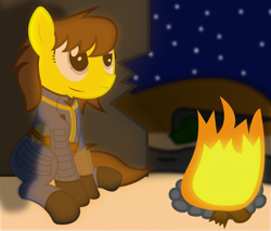 Size: 1300x1110 | Tagged: safe, artist:cardshark777, oc, oc only, oc:liz (cardshark777), earth pony, pony, fallout equestria, broken, brown mane, campfire, clothes, digital art, earth pony oc, fallout, female, fireplace, gray eyes, hill, jumpsuit, looking up, mare, night, pipbuck, rock, shading, shadow, sitting, sky, solo, stars, vault suit, wall, wasteland, wood, yellow coat