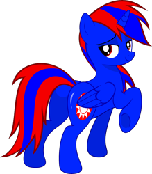 Size: 4097x4669 | Tagged: safe, artist:stephen-fisher, oc, oc only, oc:stephen (stephen-fisher), alicorn, pony, g4, alicorn oc, bedroom eyes, butt, flank, folded wings, horn, lidded eyes, looking back, male, male alicorn, male alicorn oc, needs more saturation, plot, raised hoof, red and blue, red eyes, shiny butt, simple background, smiling, smirk, solo, standing, sultry pose, transparent background, wings