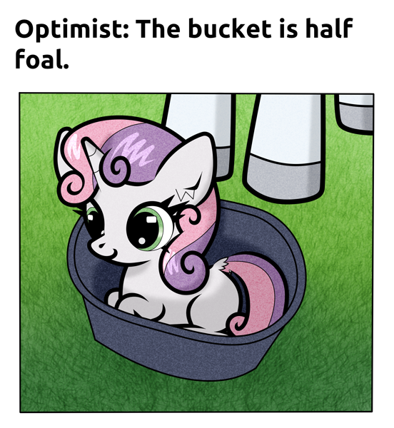 Size: 2300x2500 | Tagged: safe, artist:scandianon, sweetie belle, pony, unicorn, g4, bucket, cute, daaaaaaaaaaaw, diasweetes, featured image, female, filly, foal, high res, horn, horses doing horse things, if i fits i sits, implied rarity, lying down, mare, meme, outdoors, ponified animal photo, ponified horse, prone, pun, sitting, smiling, standing, visual pun, weapons-grade cute
