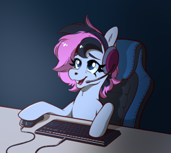 Size: 1872x1672 | Tagged: safe, artist:goodday, oc, oc only, oc:winter heat, fanfic:pink scorch, chair, commission, computer mouse, gaming, gaming chair, happy, headset, keyboard, office chair, solo, tired