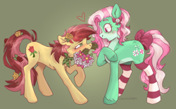 Size: 640x396 | Tagged: safe, artist:cyberplush, minty, roseluck, earth pony, pony, g3, g4, blush lines, blushing, bouquet, bouquet of flowers, bow, bowing, clothes, colored eyebrows, countershading, duo, female, flower, flower in hair, flower in tail, flower on ear, generation leap, hair bow, heart, lesbian, looking at each other, looking at someone, mare, mouth hold, open mouth, pale belly, physique difference, raised hoof, shipping, socks, striped socks, surprised, tail, tail bow