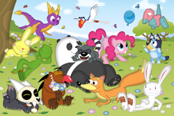 Size: 3520x2347 | Tagged: safe, artist:porygon2z, pinkie pie, bear, beaver, bird, butterfly, dog, dragon, earth pony, fox, hornbill, panda, pony, porygon, rabbit, raccoon, titan, turtle, anthro, semi-anthro, g4, angry beavers, animal, anthro with ponies, australian cattle dog, balloon, belly button, bluey, bluey heeler, broken horn, cloud, collar, crossover, cuddles (happy tree friends), daggett doofus beaver, day, disney, dora the explorer, eyes closed, female, flower, flying, franklin, grass, grin, happy tree friends, horn, king clawthorne, lying down, male, mare, max (sam and max), on back, open mouth, open smile, panda (we bare bears), paw pads, paws, pb&j otter, pokémon, prone, relaxing, sam and max, scootch raccoon, sitting, skull, sky, sleeping, smiling, spring, spyro the dragon, spyro the dragon (series), swiper the fox, the lion king, the owl house, tree, we bare bears, zazu