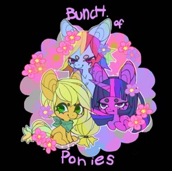 Size: 1113x1105 | Tagged: safe, artist:cutesykill, applejack, rainbow dash, twilight sparkle, earth pony, pegasus, pony, unicorn, g4, :t, bandana, big ears, big eyes, black background, blonde mane, blonde tail, blue coat, chibi, colored eyebrows, ear piercing, earring, female, flower, flower in hair, green eyes, horn, jewelry, lidded eyes, looking away, looking to the left, lying down, mare, multicolored hair, multicolored mane, multicolored tail, narrowed eyes, neckerchief, orange coat, piercing, pink eyes, pink text, ponytail, purple coat, rainbow hair, simple background, sitting, smiling, tail, text, thick eyelashes, tied mane, tied tail, trio, trio female, unicorn horn, unicorn twilight, wingding eyes, yellow mane, yellow tail