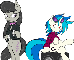 Size: 960x773 | Tagged: safe, artist:joey darkmeat, dj pon-3, octavia melody, vinyl scratch, earth pony, unicorn, g4, bipedal, bowtie, crossed legs, glasses, horn, legs together, looking at each other, looking at someone, red eyes, simple background, sitting, speaker, white background