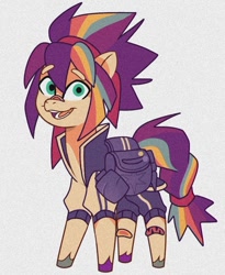 Size: 814x995 | Tagged: safe, artist:disaterror, sunny starscout, earth pony, pony, g5, my little pony: tell your tale, alternate color palette, alternate design, alternate hairstyle, bag, bald face, bandaid, blaze (coat marking), braid, braided tail, coat markings, colored eartips, colored eyebrows, colored hooves, eyebrows, eyebrows visible through hair, facial markings, female, gray background, hooves, mane stripe sunny, mare, multicolored hair, multicolored hooves, open mouth, open smile, orange coat, pins, ponytail, purple etail, purple mane, rainbow hair, rainbow tail, redesign, saddle bag, simple background, smiling, socks (coat markings), solo, standing, tail, teal eyes, tied mane, tied tail, tracksuit, unshorn fetlocks, water bottle