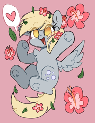 Size: 2372x3094 | Tagged: safe, artist:sakukitty, derpy hooves, pegasus, pony, g4, :d, chest fluff, cute, derpabetes, eye clipping through hair, eyebrows, eyebrows visible through hair, female, flower, flower in hair, flying, heart, high res, leaves, mare, no pupils, open mouth, open smile, pictogram, pink background, simple background, sketch, smiling, solo, speech bubble, spoken heart, spread wings, wings