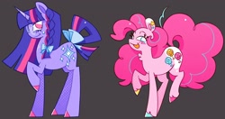 Size: 2048x1084 | Tagged: safe, artist:shrimpnurse, part of a set, pinkie pie, twilight sparkle, earth pony, pony, unicorn, g4, alternate cutie mark, alternate eye color, alternate hairstyle, alternate tailstyle, bags under eyes, blue eyes, bow, braid, braided ponytail, chest fluff, colored eartips, colored hooves, colored pinnae, countershading, curly mane, curly tail, duo, duo female, ear piercing, earring, eyelashes, female, glasses, gray background, hair bow, halftone, height difference, hooves, horn, jewelry, long horn, long mane, long tail, mare, mismatched hooves, multicolored hair, multicolored hooves, multicolored mane, multicolored tail, no pupils, open mouth, open smile, piercing, pink coat, pink eyes, pink mane, pink tail, ponytail, profile, raised hoof, redesign, round glasses, shiny hooves, simple background, smiling, splotches, standing, standing on two hooves, strutting, sweat, sweatdrop, tail, tail bow, tied mane, tied tail, trotting, two toned mane, two toned tail, unicorn horn, unicorn twilight, unshorn fetlocks, wall of tags
