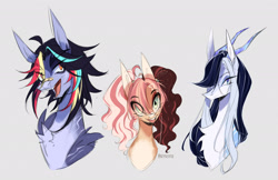 Size: 2048x1328 | Tagged: safe, artist:iheyyasyfox, oc, oc only, oc:ember snow, oc:marsha pie, oc:nick storm, dracony, earth pony, hybrid, pegasus, pony, bandaid, bandaid on nose, bust, eye clipping through hair, female, gray background, horns, interspecies offspring, looking at you, male, mare, offspring, open mouth, open smile, parent:cheese sandwich, parent:pinkie pie, parent:rainbow dash, parent:rarity, parent:soarin', parent:spike, parents:cheesepie, parents:soarindash, parents:sparity, simple background, slender, smiling, smiling at you, stallion, thin, trio