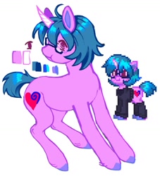 Size: 1440x1587 | Tagged: safe, artist:heartwoozy, oc, oc only, pony, unicorn, pony town, clothes, curved horn, glasses, horn, leg warmers, not izzy moonbow, pixel art, reference sheet, simple background, solo, sweater, white background