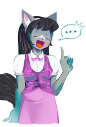 Size: 1042x1536 | Tagged: safe, alternate version, artist:heartwoozy, octavia melody, cat, anthro, g4, ..., bowtie, cat ears, cat tail, catified, clothes, dress, ear fluff, female, hairband, simple background, solo, species swap, speech bubble, tail, white background