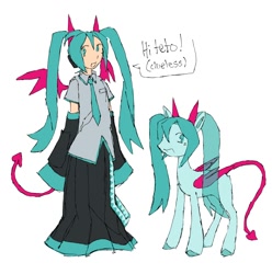 Size: 1982x2000 | Tagged: safe, artist:heartwoozy, demon, demon pony, human, pony, anime, clothes, devil tail, female, hatsune miku, horns, mare, necktie, ponified, self paradox, self ponidox, simple background, tail, vocaloid, white background