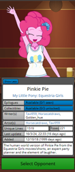 Size: 290x660 | Tagged: safe, artist:horsecat, artist:tavi959, pinkie pie, human, equestria girls, g4, alcohol, bar, beer, beer mug, breasts, busty pinkie pie, character select, explicit source, eyes closed, female, fluffy hair, game, game screencap, humanized, jewelry, kisekae, necklace, pink body, pink hair, pink skin, ribbon, solo, spnati, text, waving, waving at you, white shirt