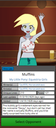 Size: 290x660 | Tagged: safe, artist:horsecat, artist:tavi959, derpy hooves, human, equestria girls, g4, alcohol, bar, beer, beer mug, blonde, blonde hair, breasts, busty derpy hooves, character select, derp, explicit source, female, game, game screencap, gray body, grey body, humanized, kisekae, solo, spnati, swimming trunks, swimsuit, text, waving, waving at you, yellow eyes