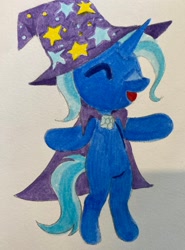 Size: 1516x2048 | Tagged: safe, artist:heartwoozy, trixie, unicorn, semi-anthro, g4, cape, clothes, female, hat, horn, simple background, solo, traditional art, trixie's cape, trixie's hat