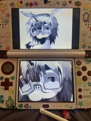 Size: 1536x2048 | Tagged: safe, artist:heartwoozy, oc, oc only, unicorn, black and white, glasses, grayscale, horn, monochrome, nintendo ds, solo, wip